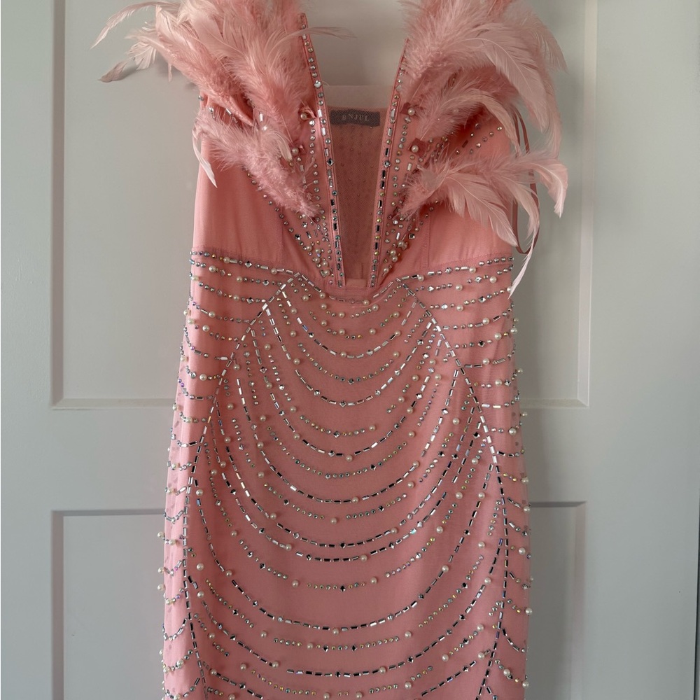 Sleeveless Feather-Trim Pink Mini Dress with Crystal Embellishments